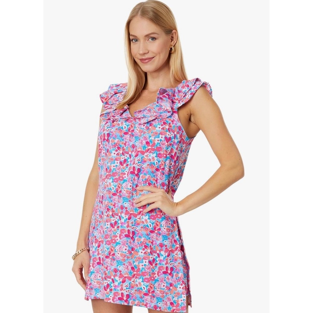 Lilly Pulitzer Linwood Ruffle Romper Aura Pink Baby Bloomer Dress skort size 4‎